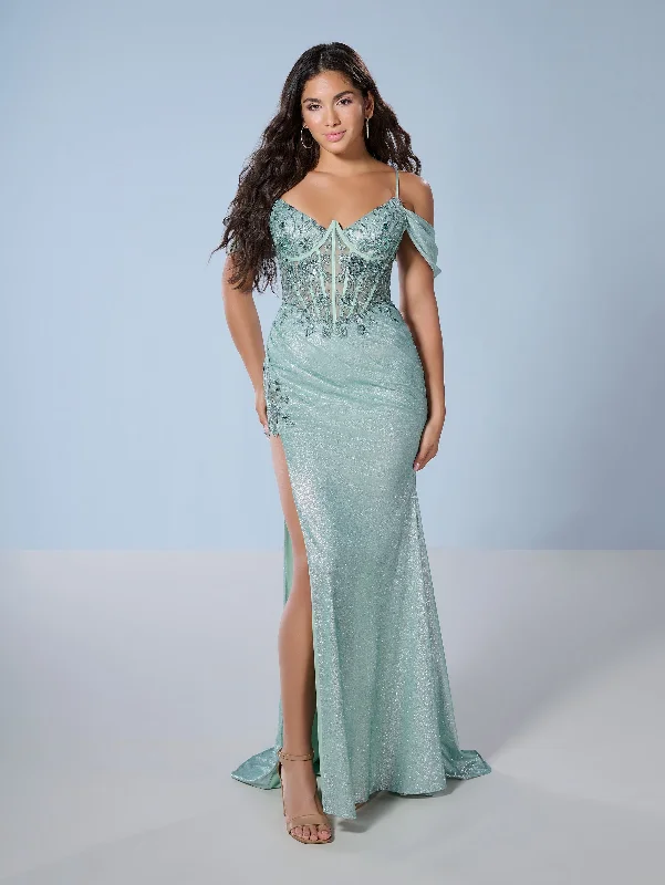 Fitted Cold Shoulder Slit Gown by Tiffany Designs 16250