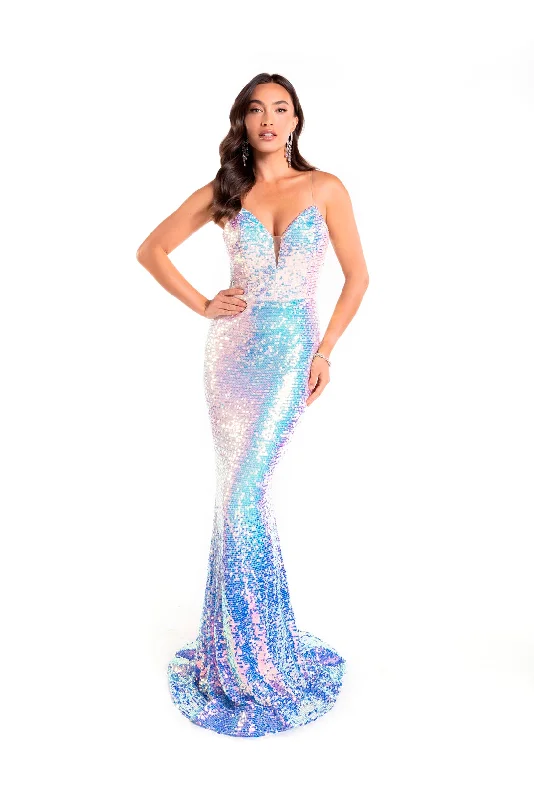 Fitted Iridescent Sequin Gown by Abby Paris 90169