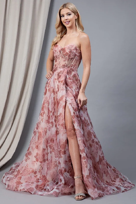 Floral Print Strapless Slit Gown by Amelia Couture 2106