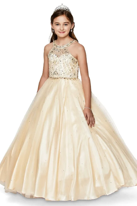 Girls Long Halter Tulle Dress with Beaded Illusion Bodice 5027