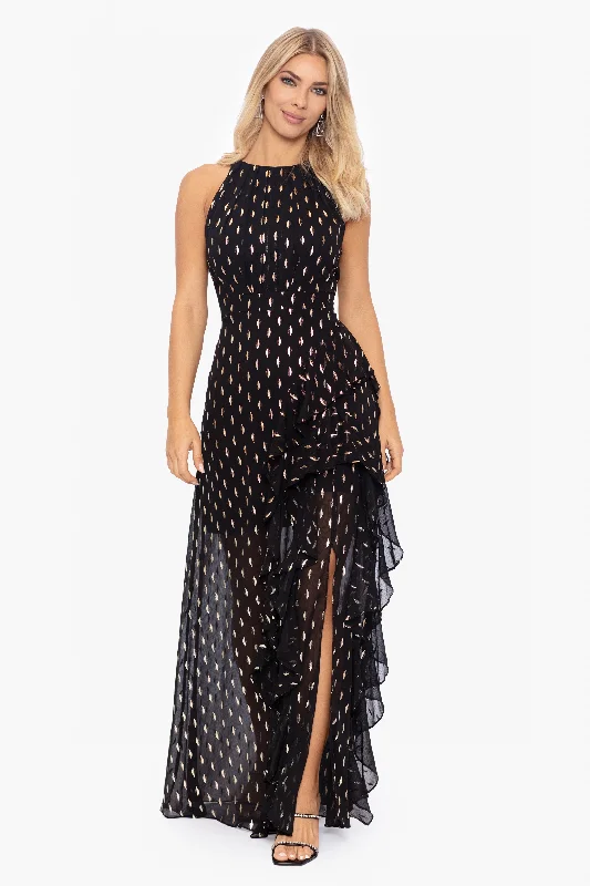 "Karina" Long Chiffon Foil Ruffle Tie Neck Dress