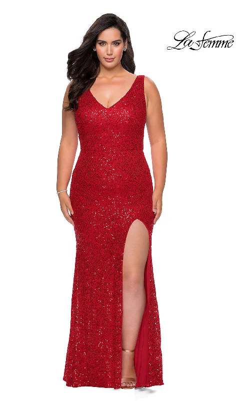 La Femme Sequin-Lace Long Plus-Size Formal Dress