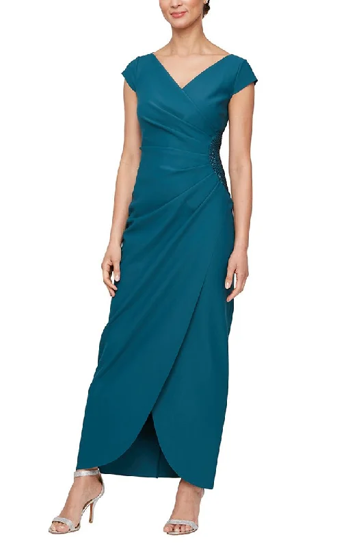 Long Cap Sleeve Compression Sheath Dress with Surplice Neckline and Hip Detail