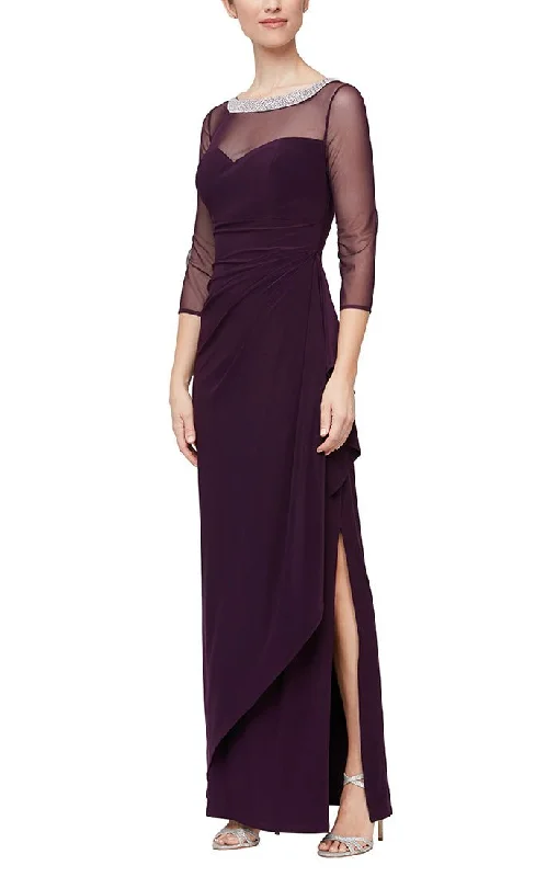 Long Matte Jersey Illusion 3/4 Sleeve Side Ruched Dress with Embellished Neckline