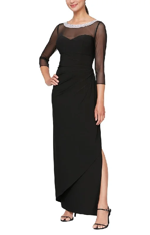 Long Matte Jersey Illusion 3/4 Sleeve Side Ruched Dress with Embellished Neckline