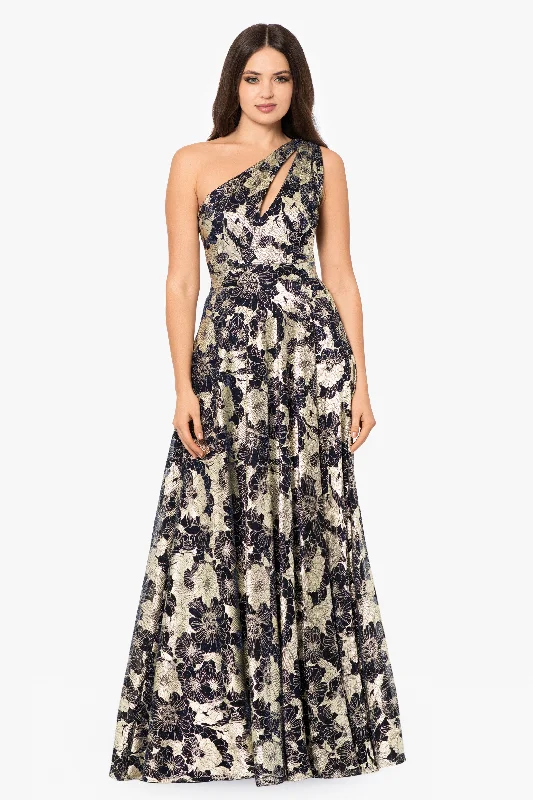 Petite "Gwen" Long One Shoulder Wrap Foil Flower Dress