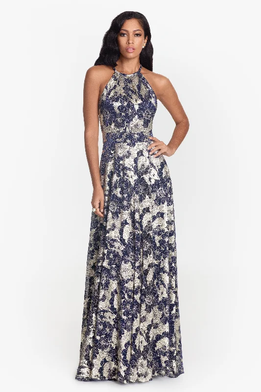 Petite "Layla" Long Halter Top Wrap Foil Print Dress