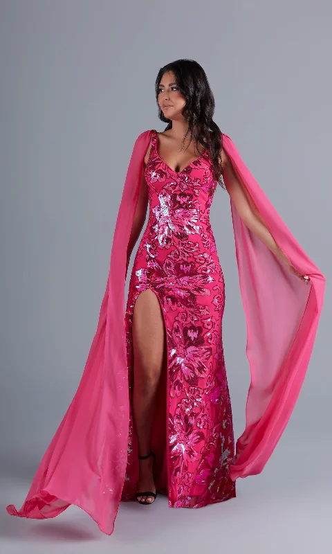 Long Sequin Formal Dress with Shoulder Capes