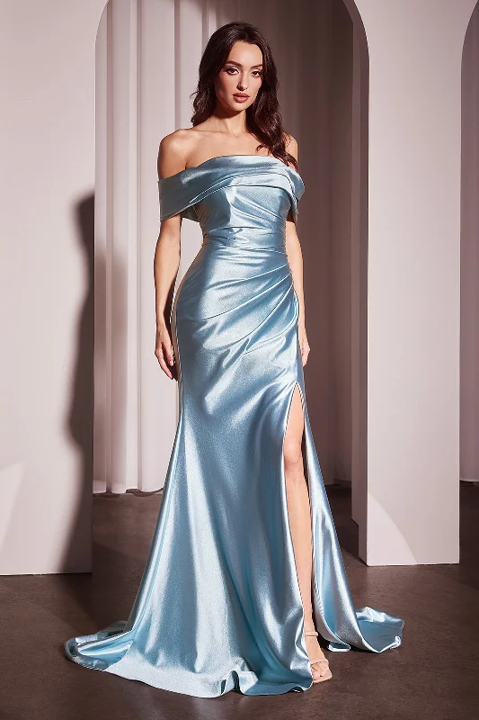 Satin Fitted Off Shoulder Slit Gown by Ladivine J877