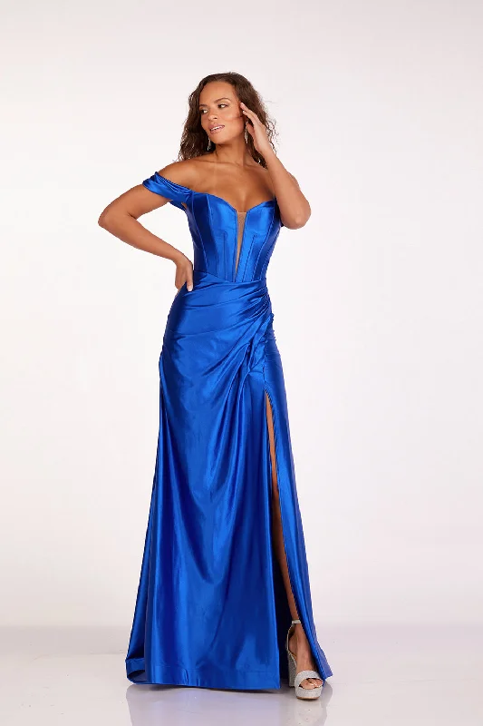 Satin Off Shoulder Slit Gown by Abby Paris 90216