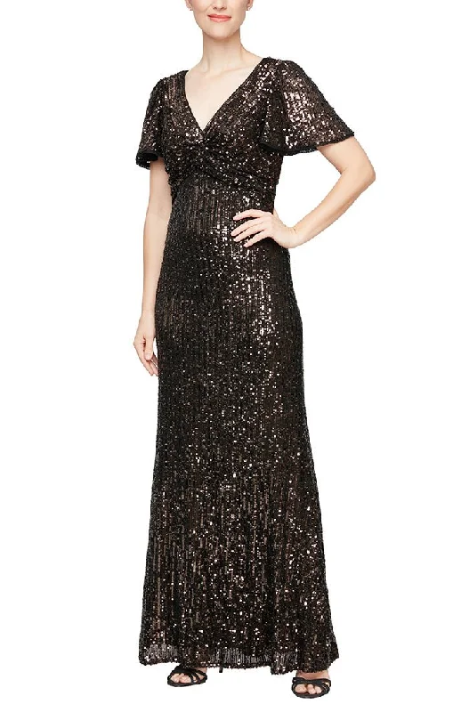 Long Sequin Dress with Twist Detail & Flutter Sleeves