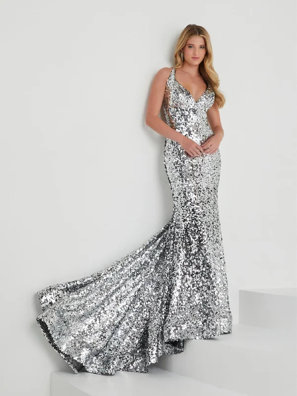 Sequin Halter V-Neck Mermaid Dress by Tiffany Designs 16021