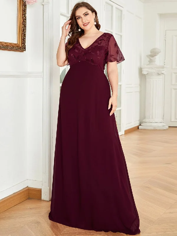 Plus Size V Neck Long Empire Formal Dresses with Sleeves