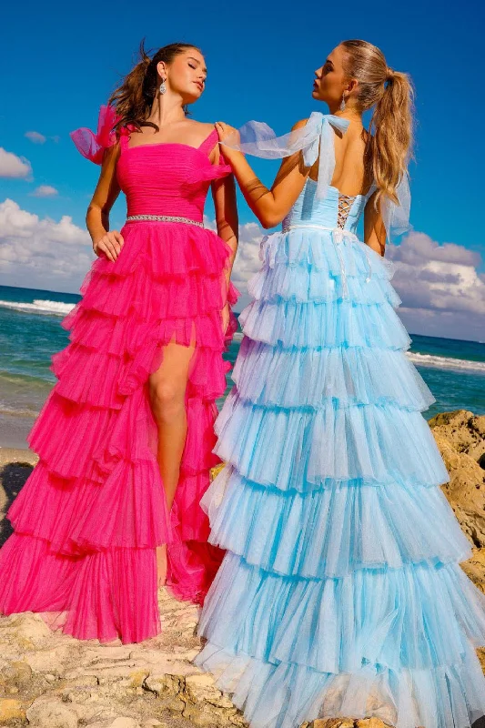 Sleeveless Tiered Ruffled Slit Gown by Amelia Couture 6125