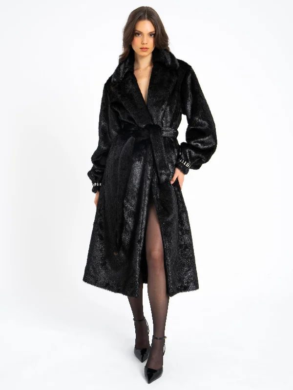 Yahia Black Vegan Long Faux Mink Coat